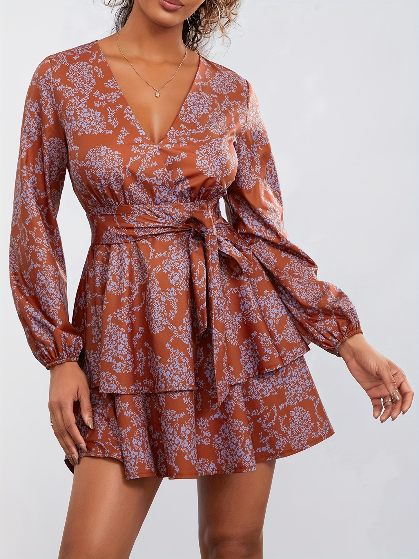 Elegant Floral V-Neck Dress for Women - Polyester, Machine Washable, Non-Sheer - Perfect for Spring/Summer/Fall, Floral, Dress, Elegant