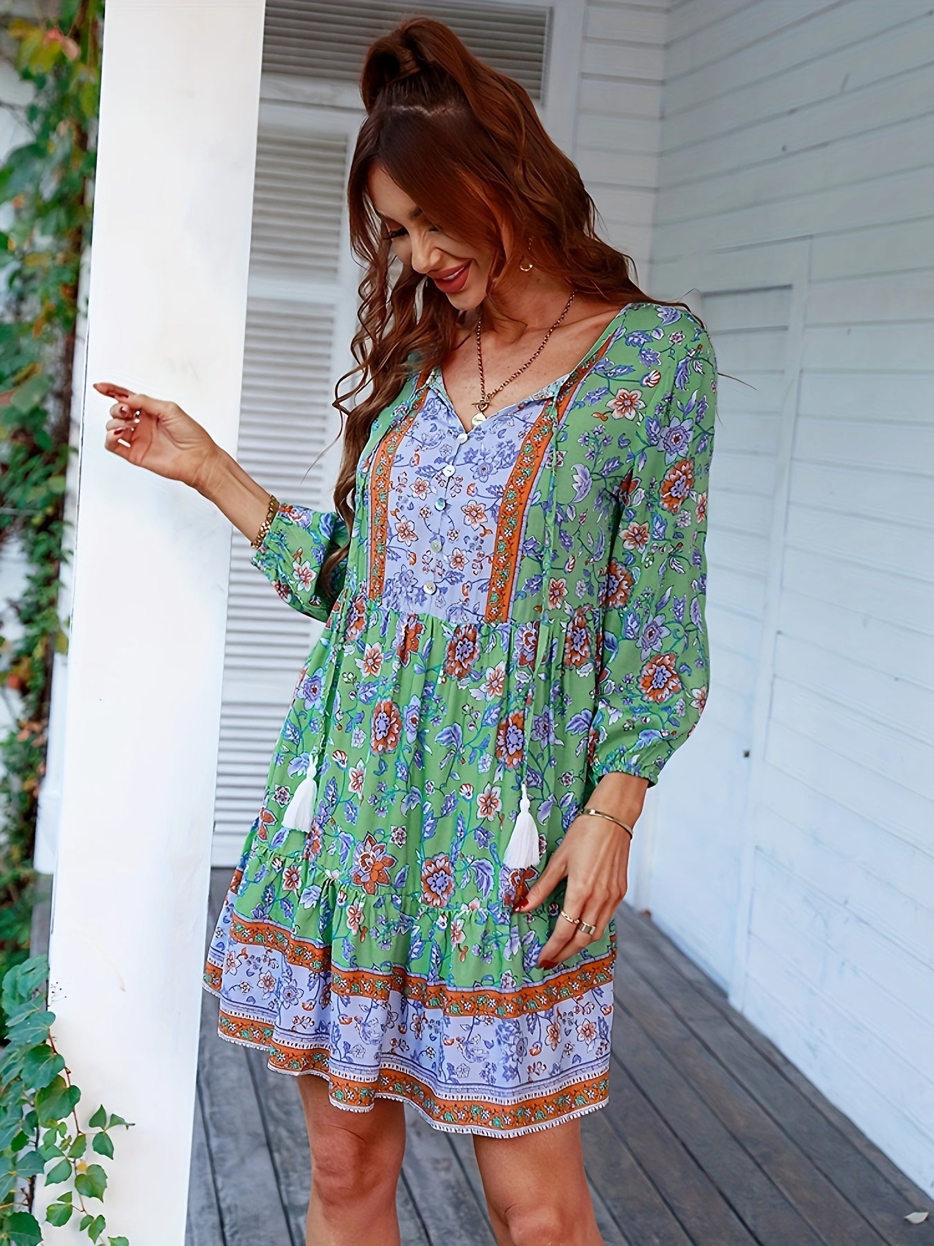 Boho Chic Floral Dress with Tassel Neck Tie - Ruffle Hem, Spring & Fall Womens Fashion
