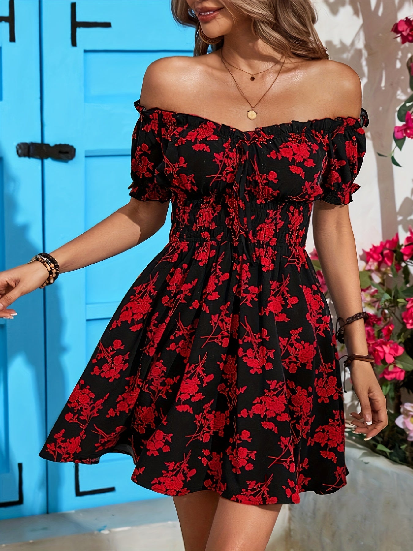 Elegant Off-Shoulder Floral Dress - Polyester, Machine Washable, Non-Stretch Fabric for All Seasons