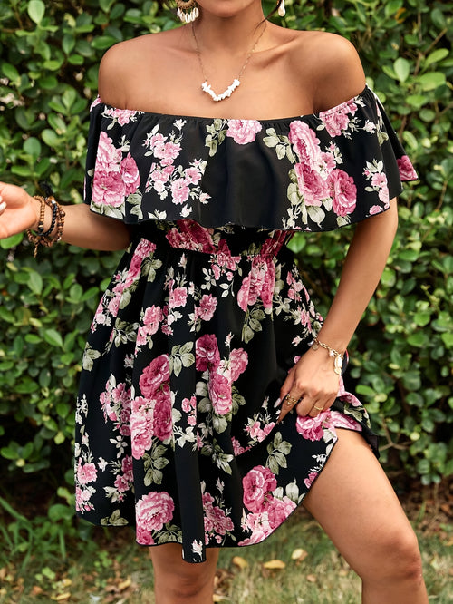 Chic Bloom, Elegant Off-Shoulder Floral Dress for Women - Ruffle Sleeves, A-Line, Perfect for Spring/Summer Vacations