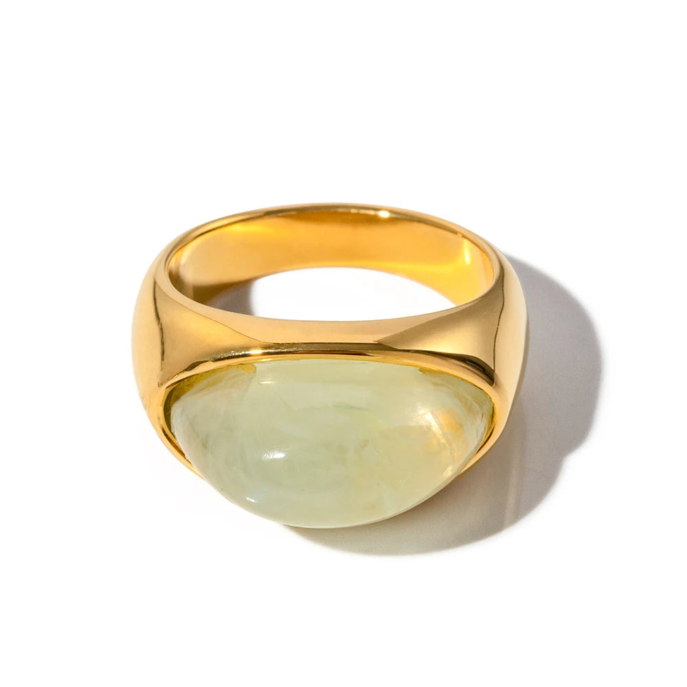 Uworld Unique Natural Stone Green Stainless Steel France Metal Golden Ring Waterproof Charm Trendy Jewelry Women