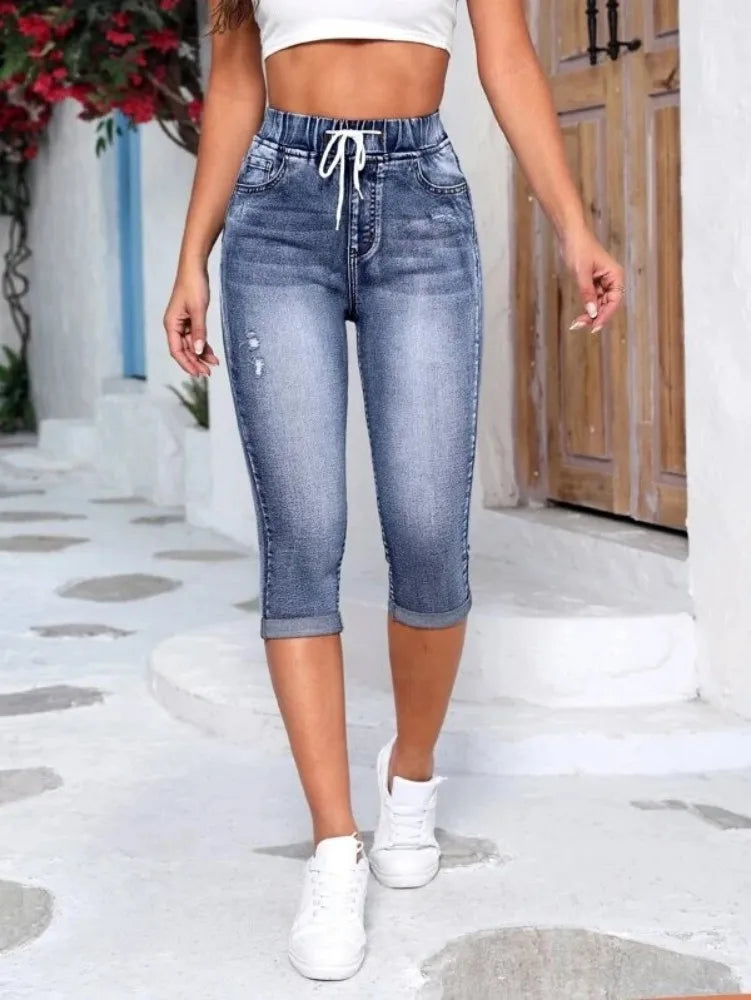 2025 New High Waist Ripped Calf-Length Jeans For Women Fashion High Stretch Elastic Waist Denim Pencil Pants Casual Skinny Jeans