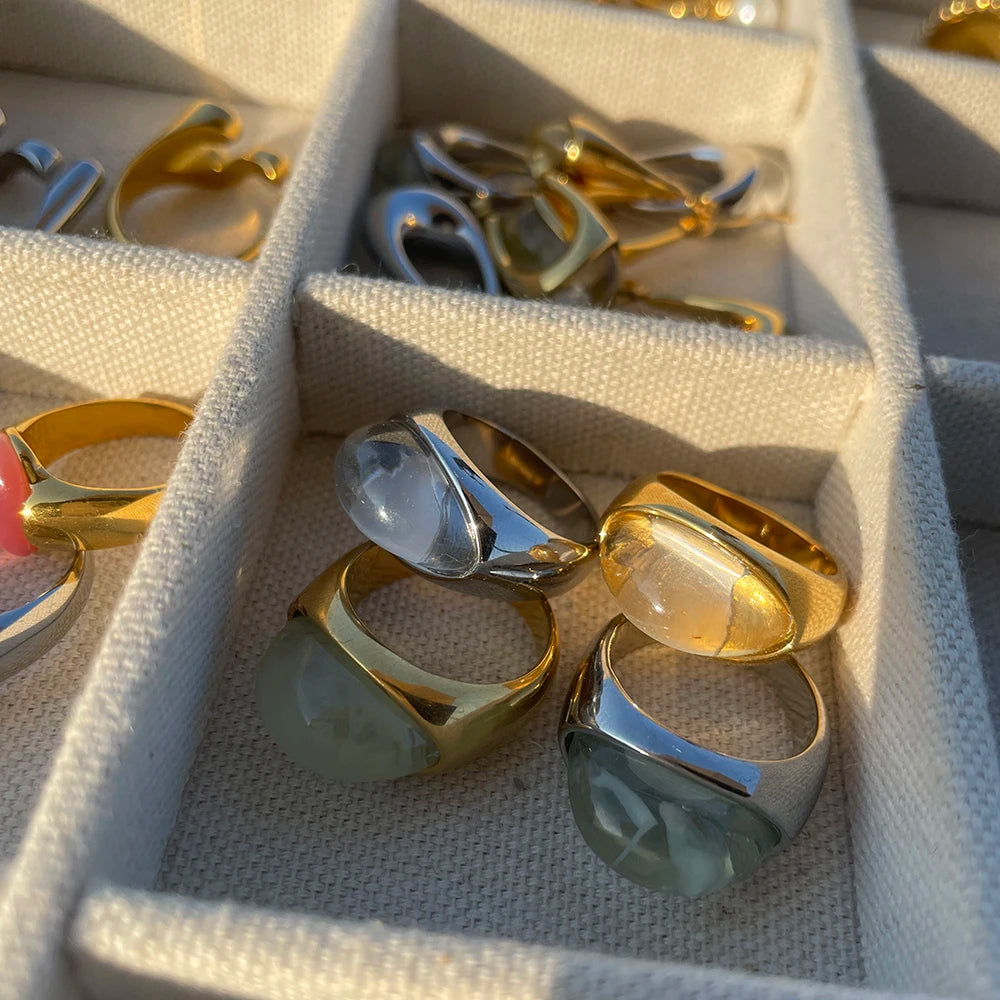 Uworld Unique Natural Stone Green Stainless Steel France Metal Golden Ring Waterproof Charm Trendy Jewelry Women
