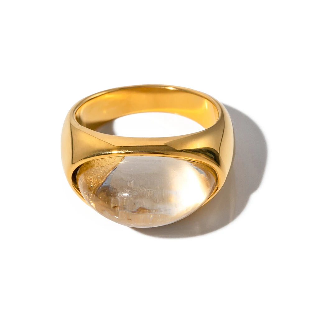 Uworld Unique Natural Stone Green Stainless Steel France Metal Golden Ring Waterproof Charm Trendy Jewelry Women