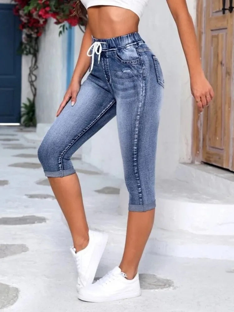 2025 New High Waist Ripped Calf-Length Jeans For Women Fashion High Stretch Elastic Waist Denim Pencil Pants Casual Skinny Jeans