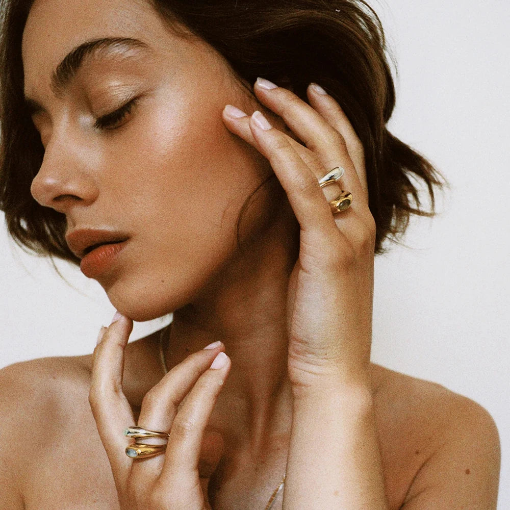 Uworld Unique Natural Stone Green Stainless Steel France Metal Golden Ring Waterproof Charm Trendy Jewelry Women