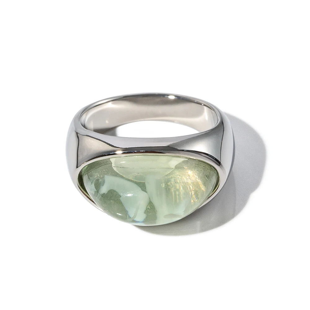Uworld Unique Natural Stone Green Stainless Steel France Metal Golden Ring Waterproof Charm Trendy Jewelry Women