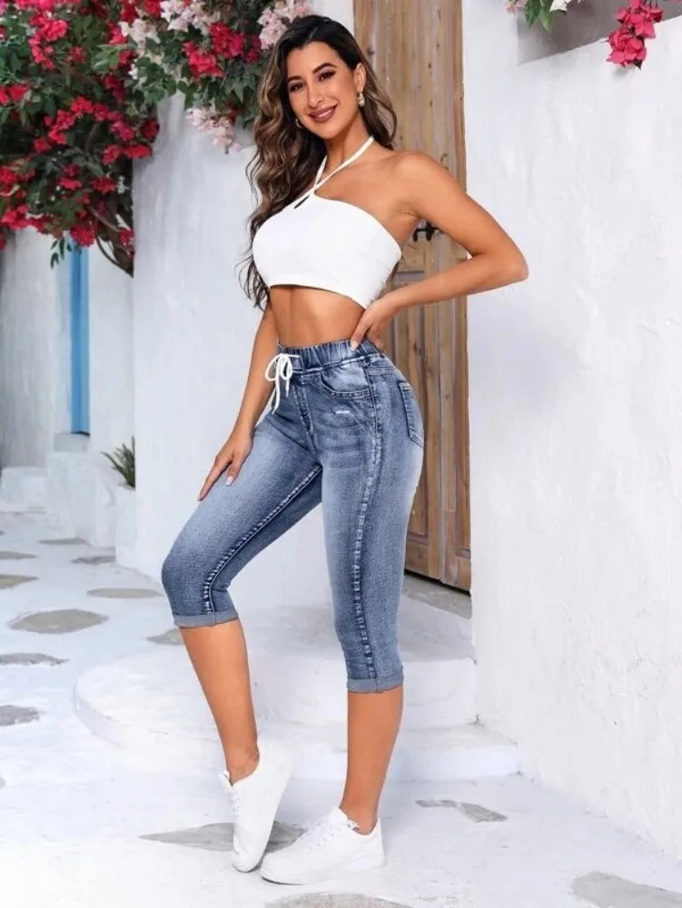 2025 New High Waist Ripped Calf-Length Jeans For Women Fashion High Stretch Elastic Waist Denim Pencil Pants Casual Skinny Jeans