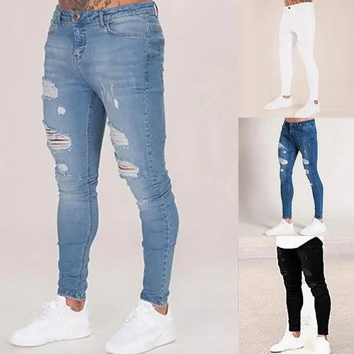 2025 Pencil Pants Elastic Sweatpants Men Fit Solid Ripped Denim Harem Pants Casual Black Blue White Destroyed Jeans Pants