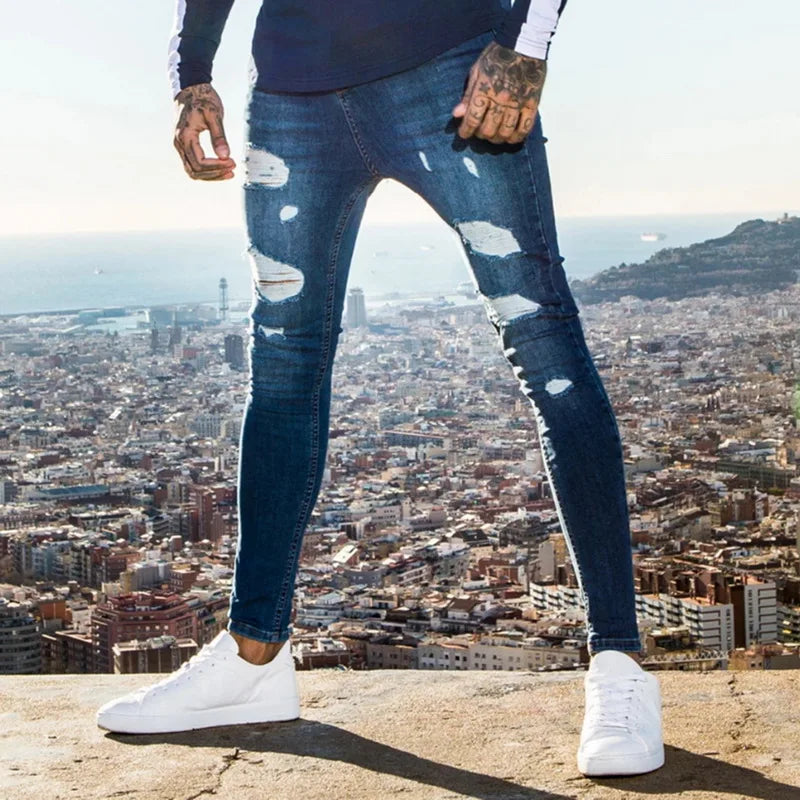 2025 Pencil Pants Elastic Sweatpants Men Fit Solid Ripped Denim Harem Pants Casual Black Blue White Destroyed Jeans Pants