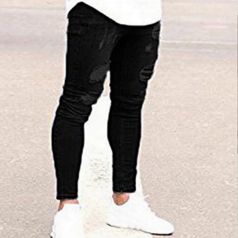 2025 Pencil Pants Elastic Sweatpants Men Fit Solid Ripped Denim Harem Pants Casual Black Blue White Destroyed Jeans Pants