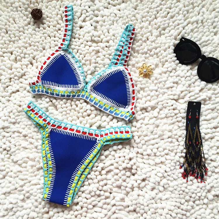 Women Handmade Crochet Knit Swimwear Halter Patchwork Bathing Suit Swimsuit Biquini Thong Bikini traje de bano