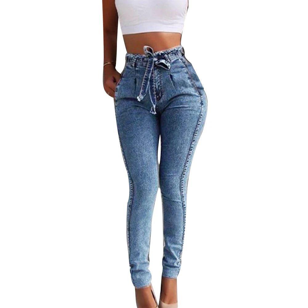 Women Fashion Belted High Waist Skinny Jeans lady Stretch Denim Tassel belt Bandage Female Long Pants