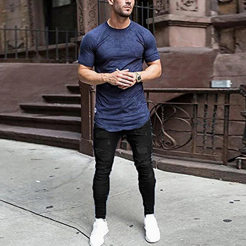 2025 Pencil Pants Elastic Sweatpants Men Fit Solid Ripped Denim Harem Pants Casual Black Blue White Destroyed Jeans Pants