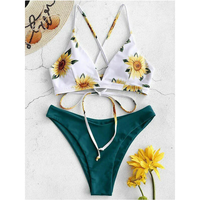 Sunflower Printed Bikini Set Sexy Swimwear Women Push Up Padded Bathers Bandage Bathing Suit Swimsuit Bikini