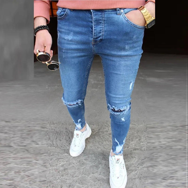 New Men's Jeans Slim Pants Holes Denim Casual Trousers Trend Skinny Jeans for Men Fashion Pencil Pants Men Clothing