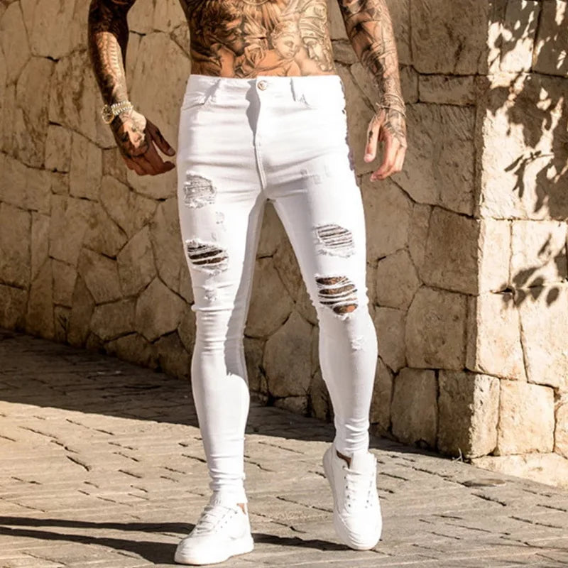 2025 Pencil Pants Elastic Sweatpants Men Fit Solid Ripped Denim Harem Pants Casual Black Blue White Destroyed Jeans Pants