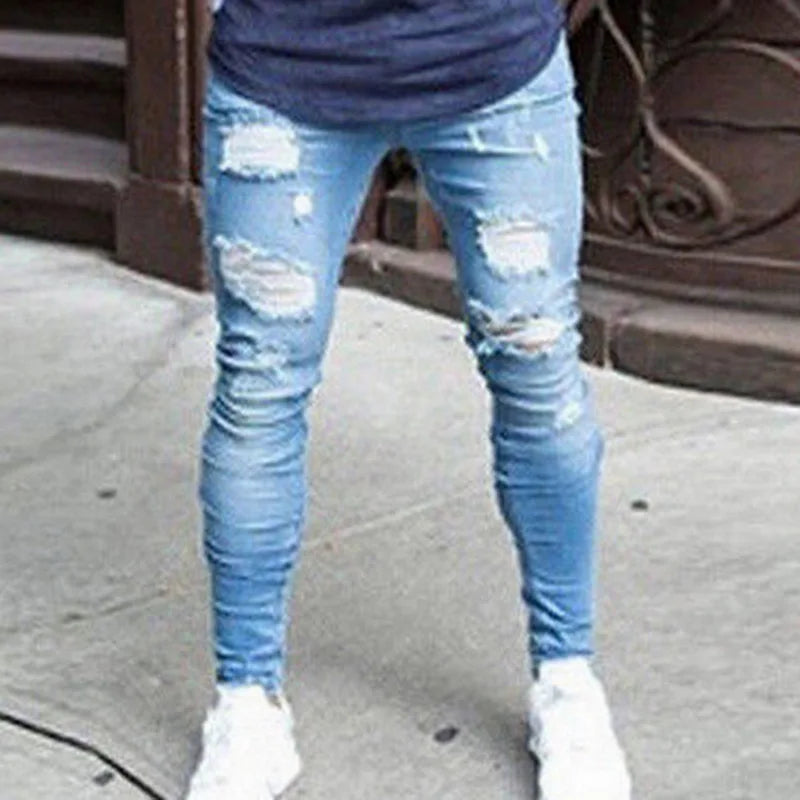 2025 Pencil Pants Elastic Sweatpants Men Fit Solid Ripped Denim Harem Pants Casual Black Blue White Destroyed Jeans Pants