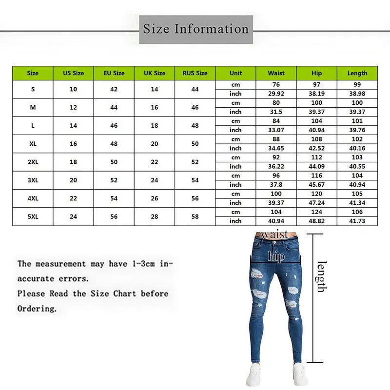 2025 Pencil Pants Elastic Sweatpants Men Fit Solid Ripped Denim Harem Pants Casual Black Blue White Destroyed Jeans Pants