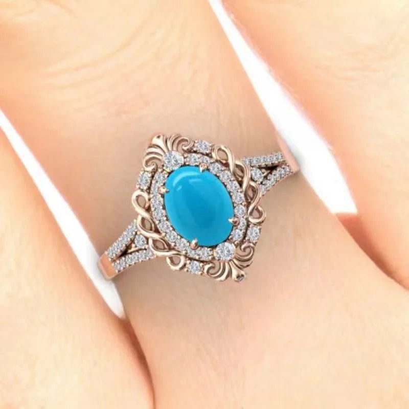 European and American new women's fashion retro court style blue turquoise engraved ring