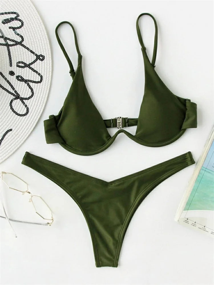 Sexy Underwire Bikini Women Solid Red Push Up Bra Thong Swimsuit Haler V Neck Bathing Suit Mini Micro Thong Swimwear