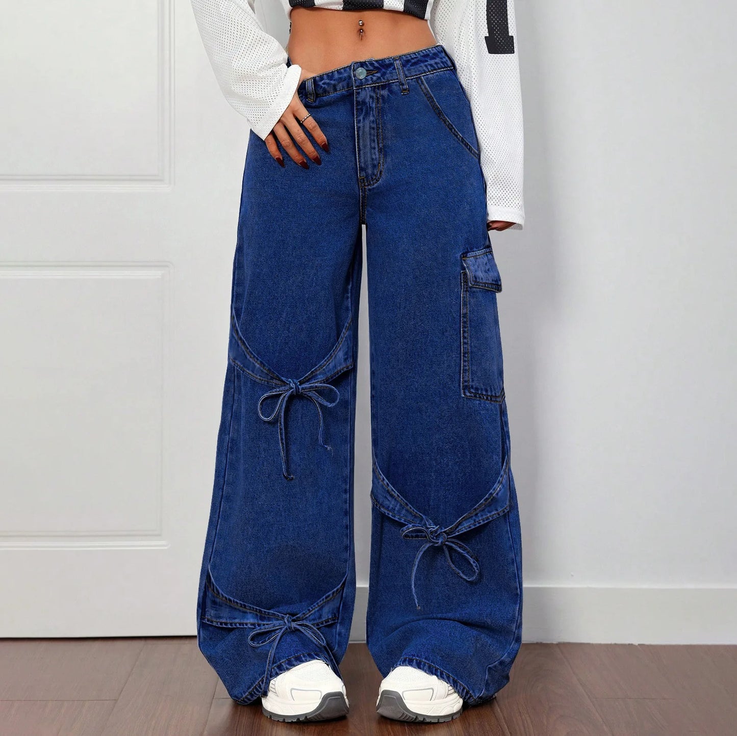 Fashionable lace-up straight-leg jeans. Women's four seasons new Design sense casual loose high-waisted workwear wide-leg jeans
