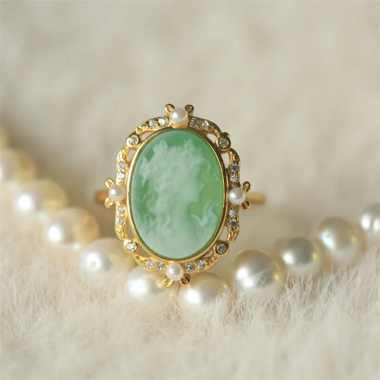 s925Silver Inlaid German Cameo Agate Relief Silver Ring Gift for Girlfriend Holiday Present