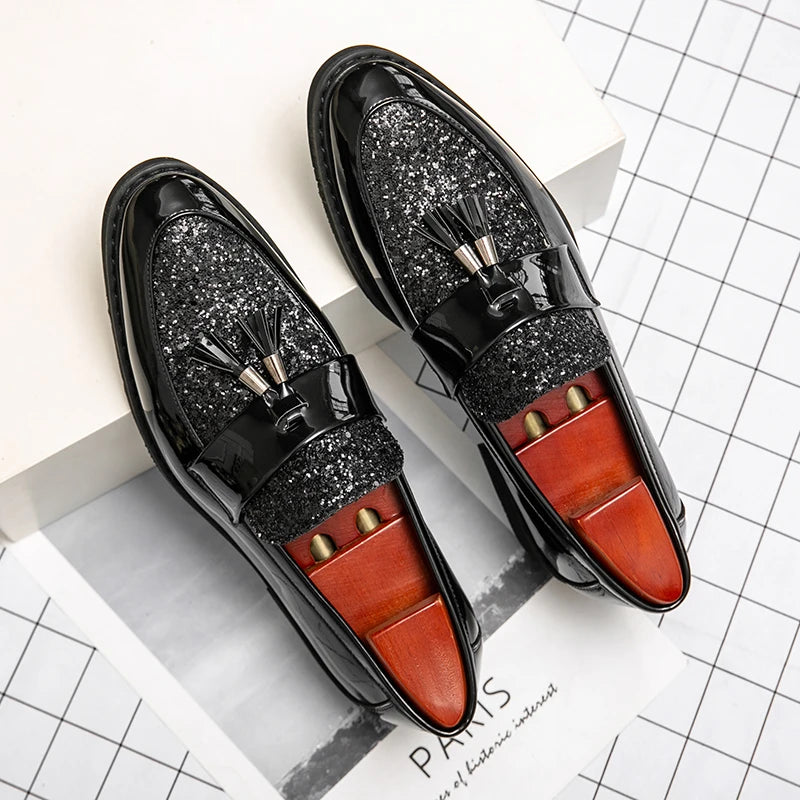 British Style Sequined Leather Shoes Men Golden Men's Loafers Big Size 38-47 Luxury Comfortable Business Shoes Men Formal Shoes