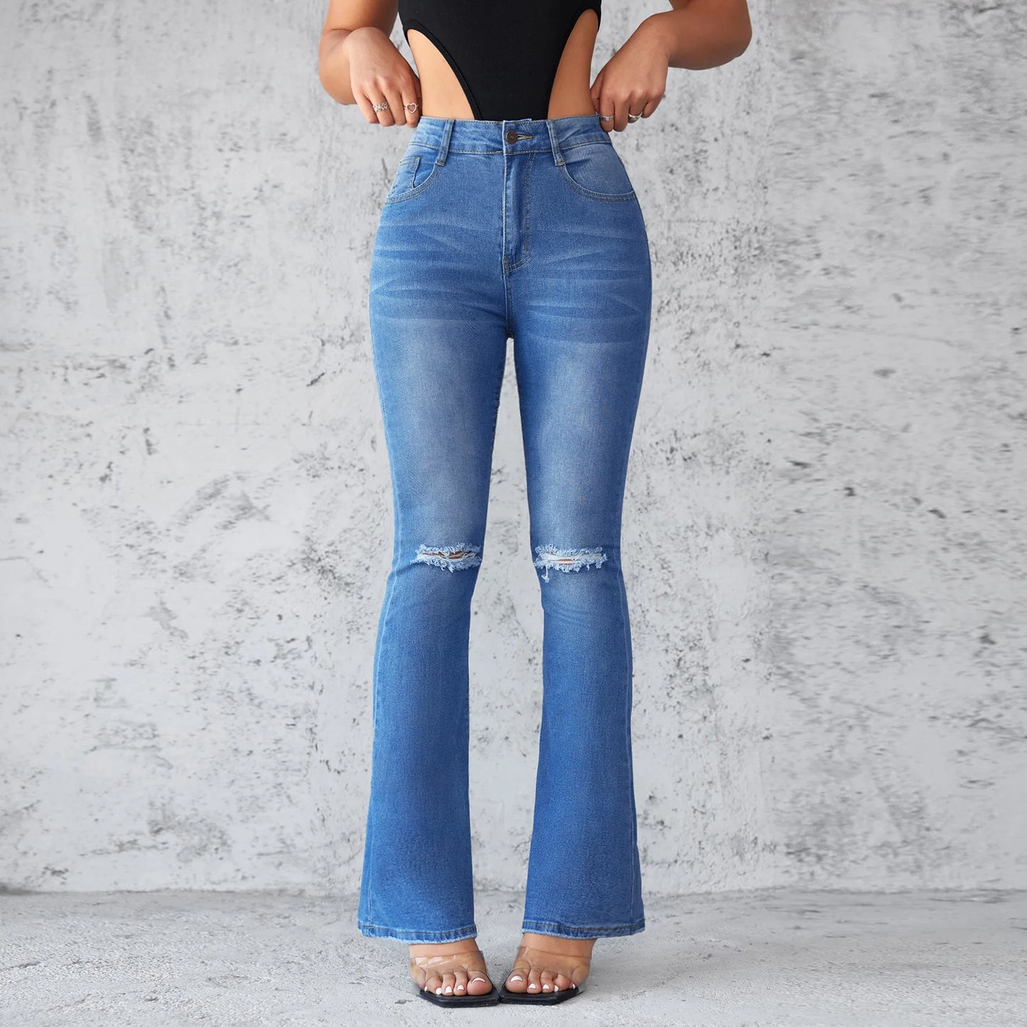2025 New Slim-fit Washed Ripped Micro-flared Jeans, Women's Four Seasons Fashionable, Comfortable and Elastic High-waisted Jeans