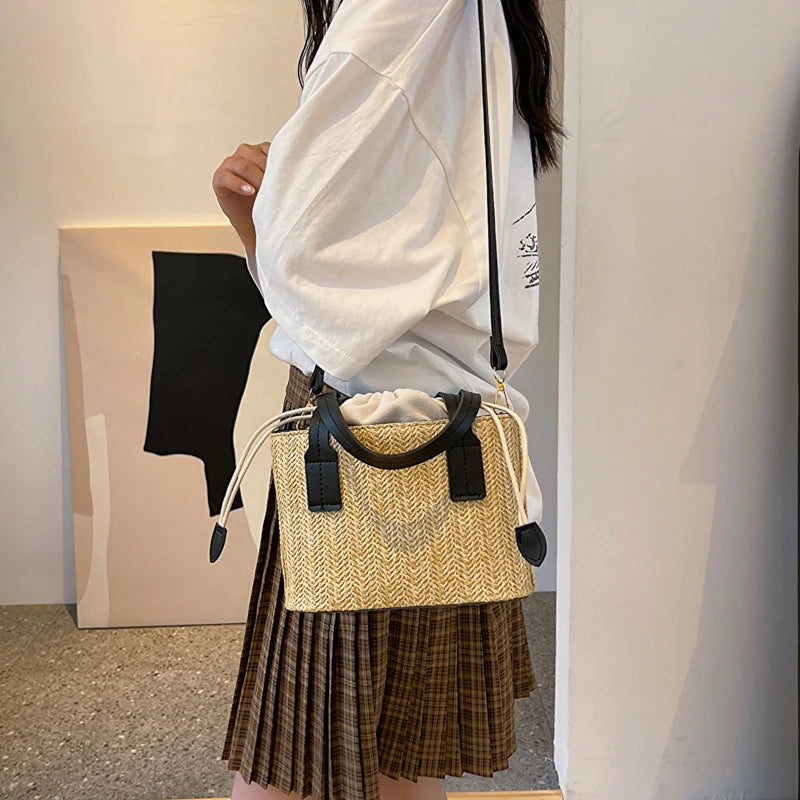 Women's Leisure Grass Woven Handbag Drawstring Bucket Shoulder Crossbody Bag FemaleTravel Bohemian Vacation Beach Bag