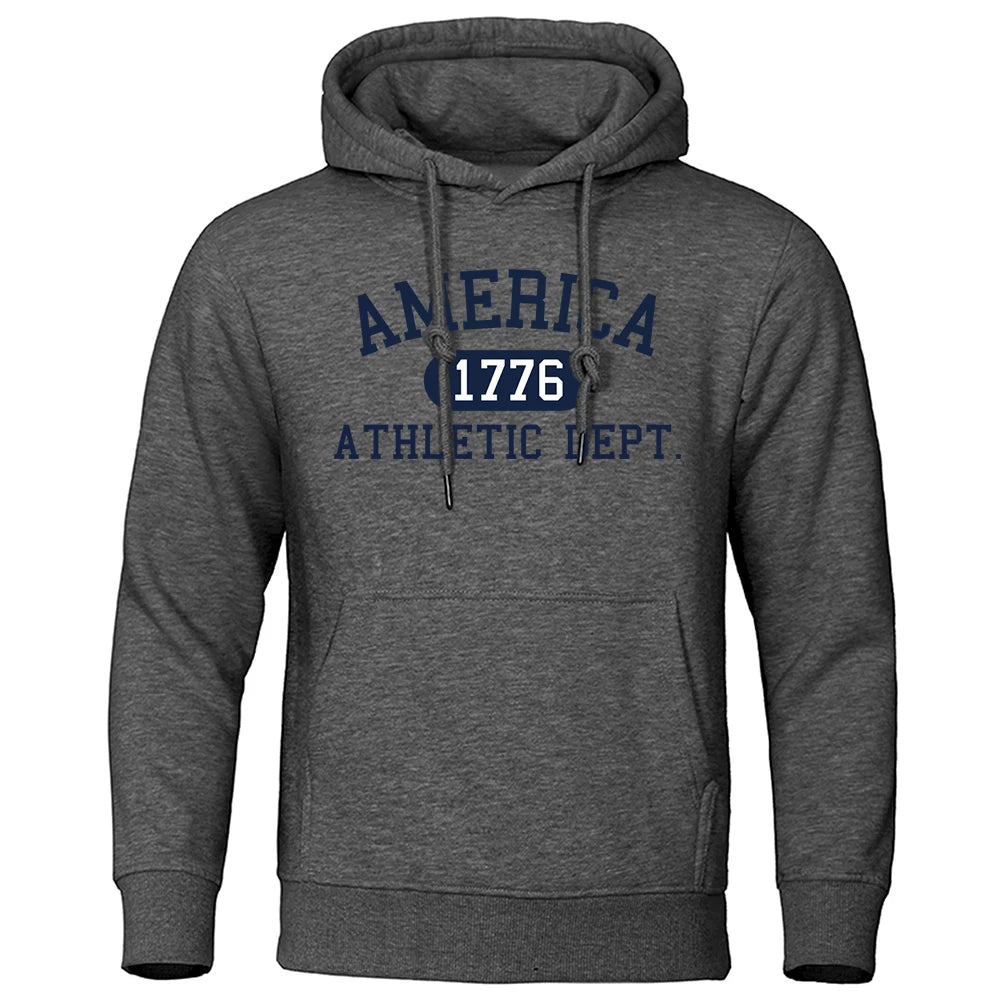 America 1776 Athletic Dept Letter Print Mans Hoodies Pocket O-Neck Sweatshirt Autumn Soft Sweatshirt Casual Loose Man Clothing