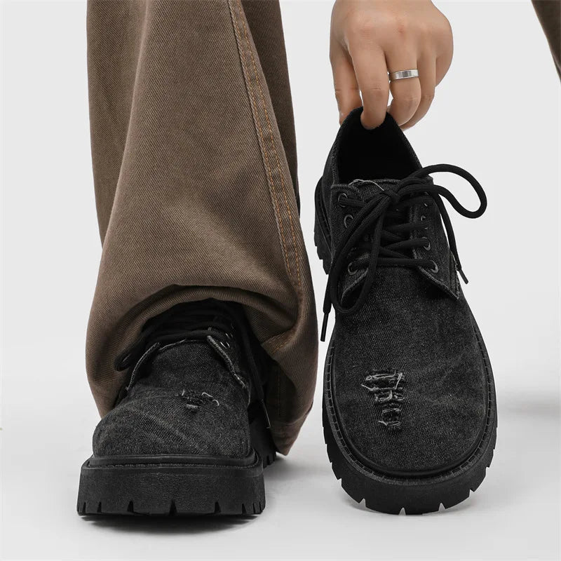 Men's Distressed Denim Derby Shoes Chunky Grunge Platform Boots Avant-Garde Bulky Toe Niche Streetwear Footwear for Trendy Youth