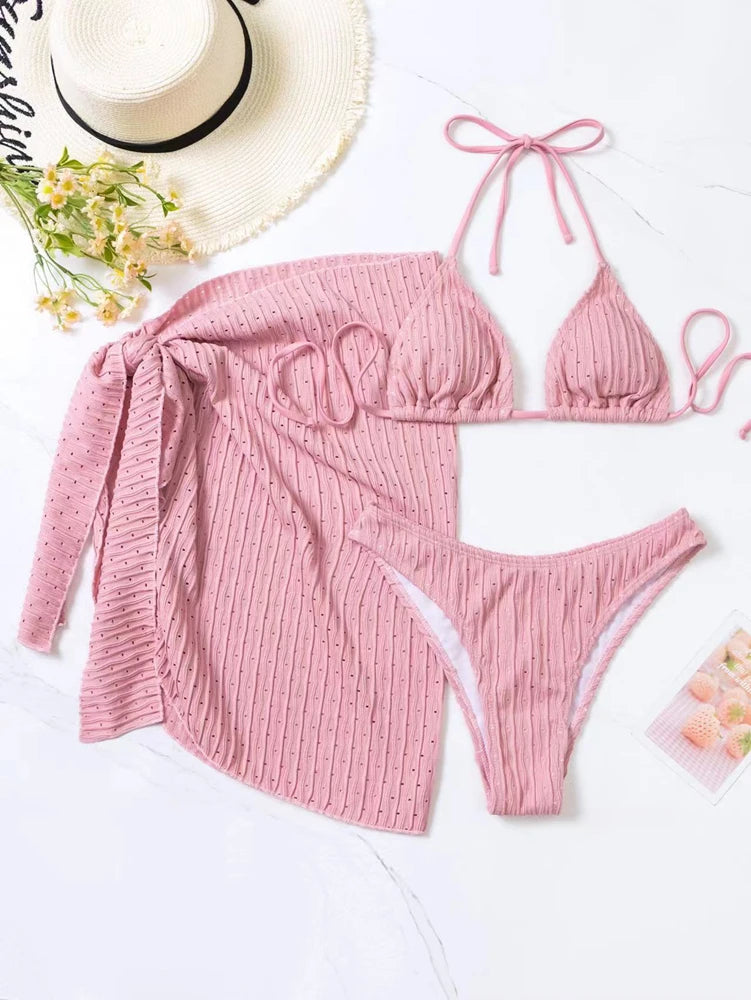 Summer Halter Bikini 3 Pieces Women Special Material Sexy Thong Swimwear With Sarong Skirt White/Black/Pink/Green Beachwear
