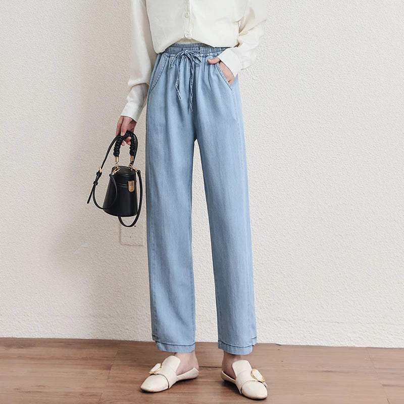 New 2025 Spring Summer Denim Jeans For Women Blue Or Sky Blue Color High Elastic Waist Wild Denim Pants Trousers Hot Sale