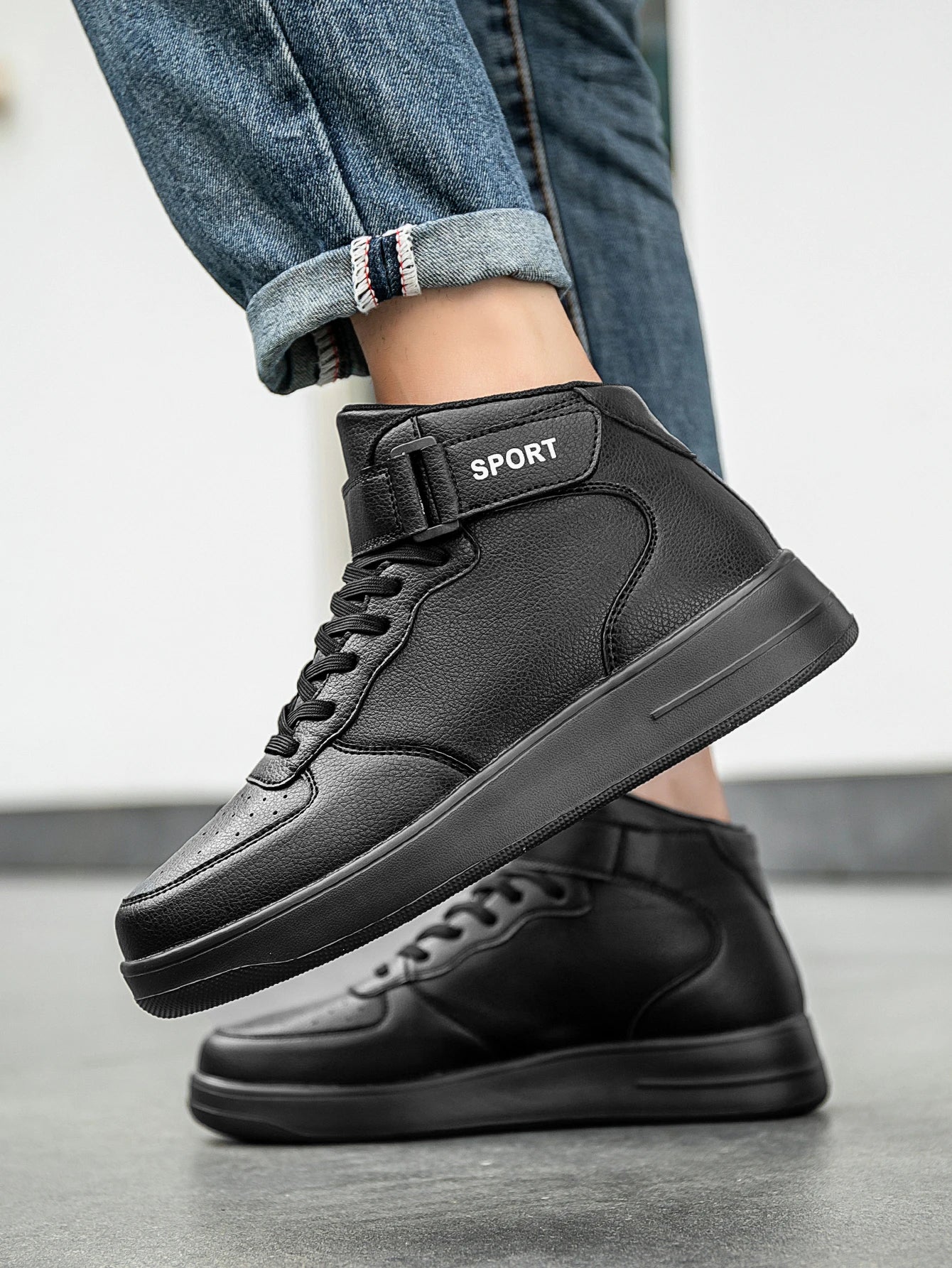 Men's Classic Fashionable Black Leather Spliced Velcro High-Top Casual Sneakers, Simple Daily Versatile and Comfortable Couple Sneakers