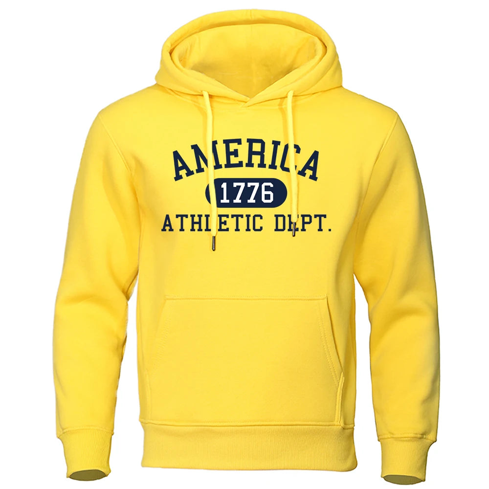 America 1776 Athletic Dept Letter Print Mans Hoodies Pocket O-Neck Sweatshirt Autumn Soft Sweatshirt Casual Loose Man Clothing