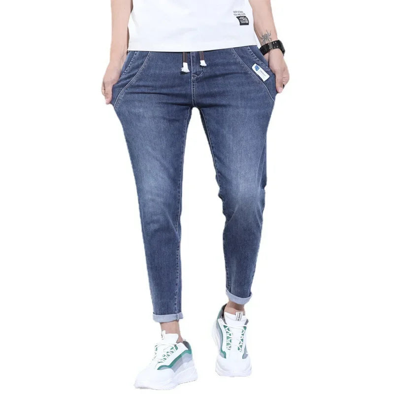 2023 New Summer Thin Style Korean Street LUXURY Work Pants Men's Elastic Waist Jogger Jeans for Work Wear Clothing Denim Jeans