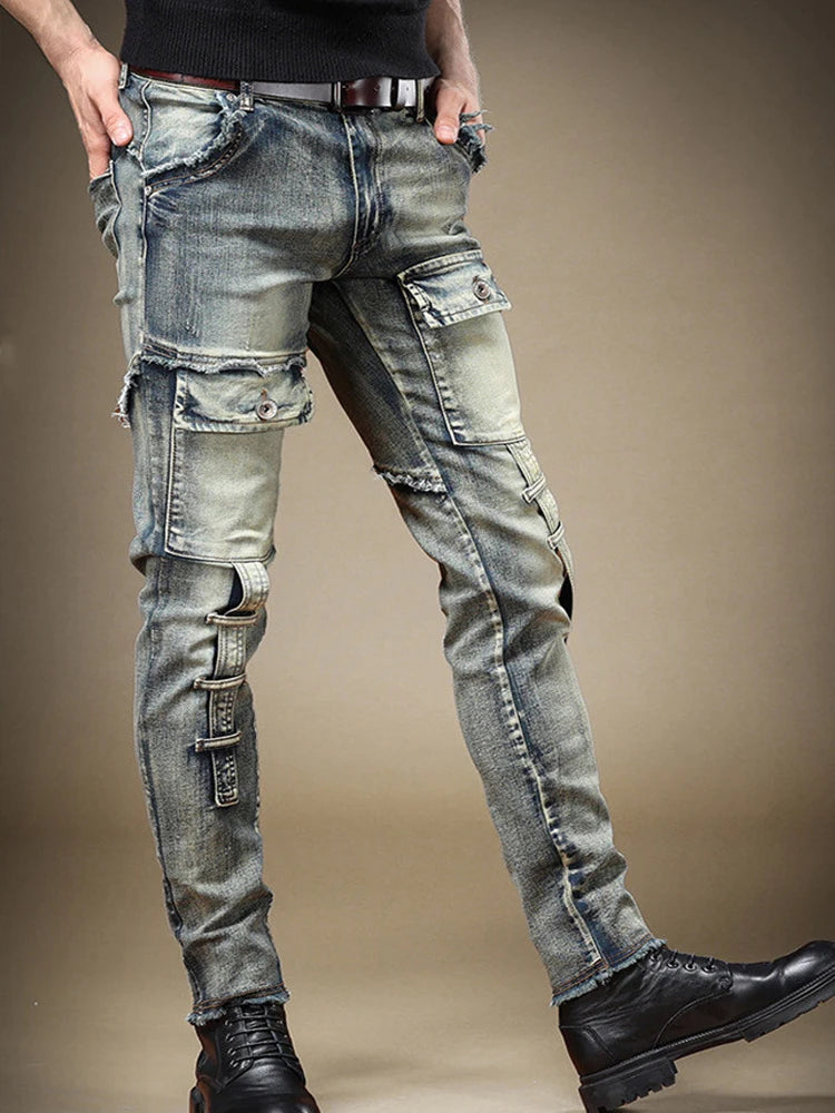 2025 Fashion Jeans men's Personality Multi-Pocket Trend Slim Fit Pants Elastic Streetwear Boyfriend Biker Man Straight Trousers