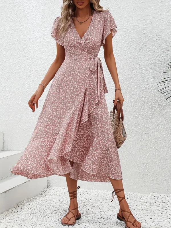 Plus Size 1XL-5XL Women's V-Neck Floral Print Dress Breathable Summer Casual Elegant Dress Sophisticated Style Long Beach Dress