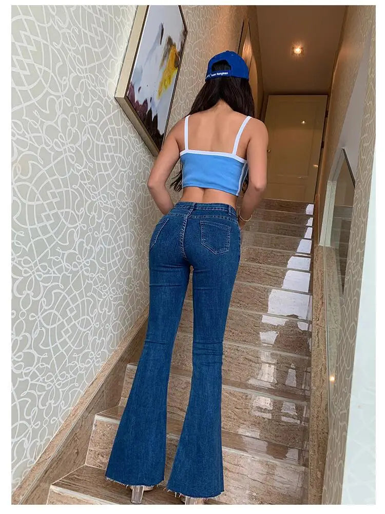 Street Trend Sexy Hip Lift Skinny Micro-flared Jeans, New Spring Slim Water Washing High-waisted Denim Long Trousers for Women