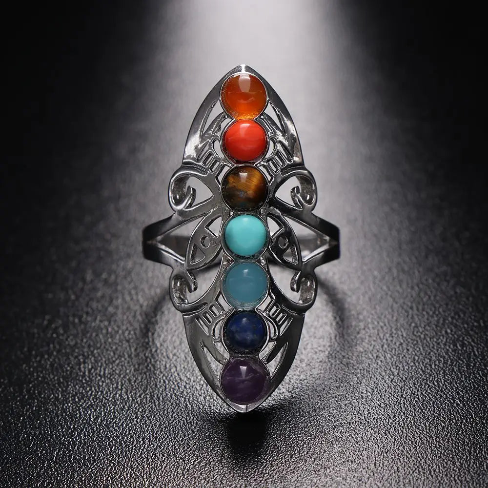 7 Chakra Stone Bead Finger Rings Silver Plated Hollow Flower Adjustable Ring Reiki Balance Meditation Healing Gem Ring Jewelry