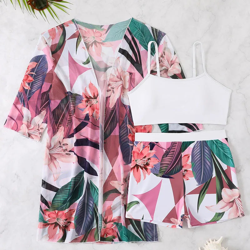 New Floral Print Three Pieces Bikini Set Cover Up Women Swimsuit Print Swimwear Bathing Suit Summer