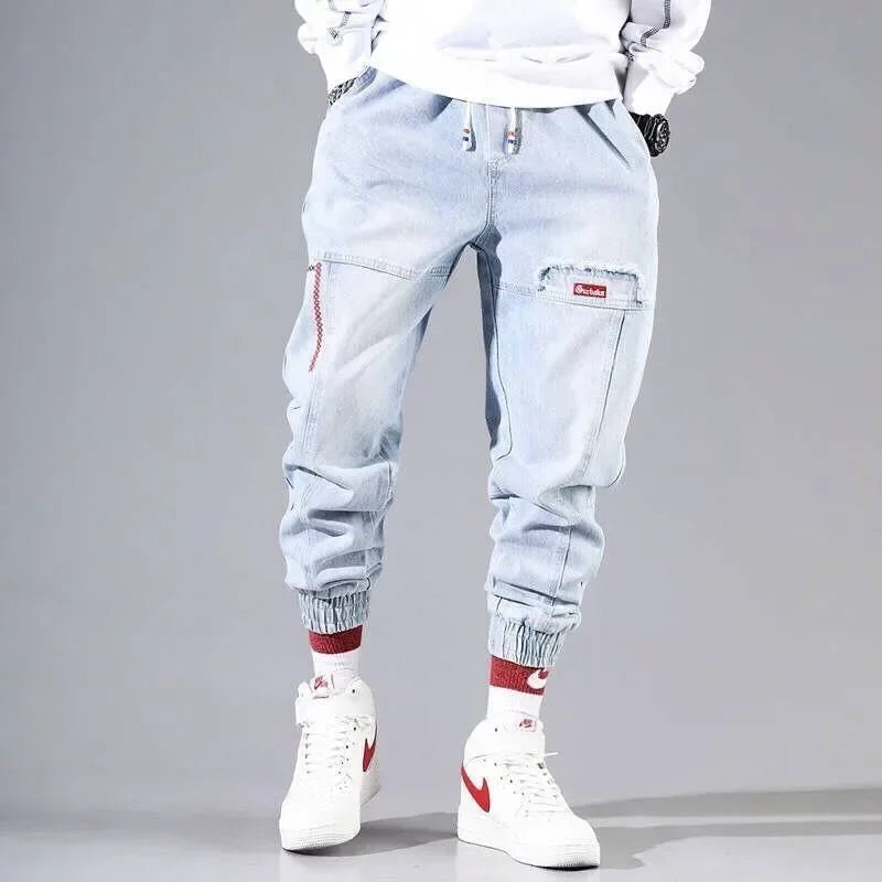 Light Blue Denim Pants for Men Trendy Loose Harem Jeans Retro Ankle-length Pants with Elastic Cuffs Cargo Pants Plus Size 5XL