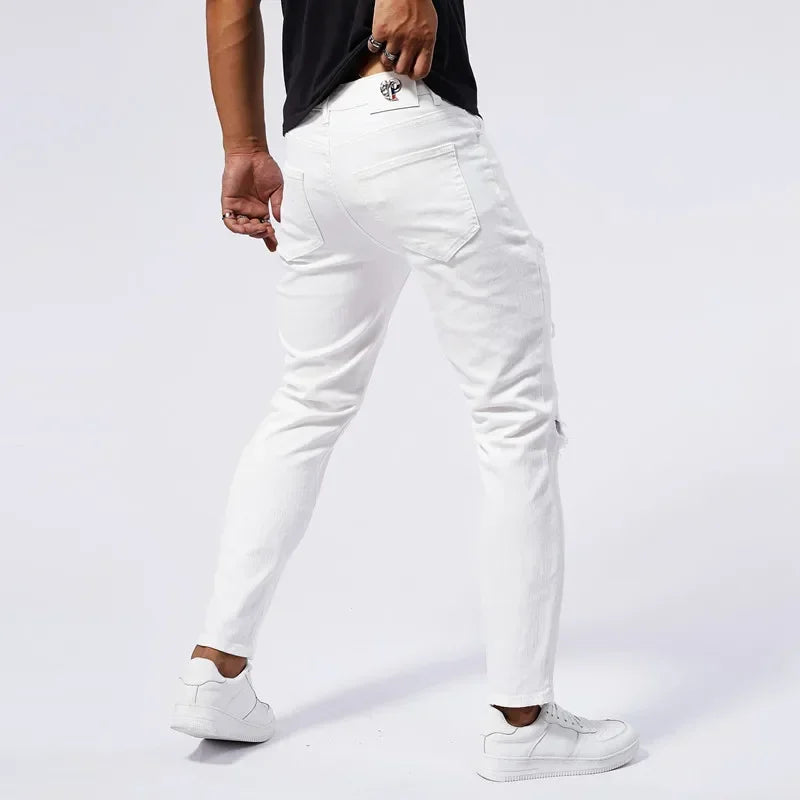 White 97% Cotton Jeans Men Clothing New Ripped Slim Patchwork Fashion Hole Skinny Elasticity Denim Trousers Male Streetwear