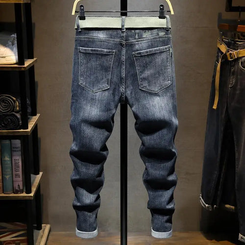 Harajuku Fashion Slim Fit Stretch Denim Jeans for Men Spring and Autumn Casual Blue Gray Water Wash Long Pants Luxury Slim Jeans