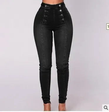 High Waist Casual Denim Pants Women's Elastic Multi-Buckle Trendy Double-Row Jeans Long Trousers Comfortable Stretchy Ladies