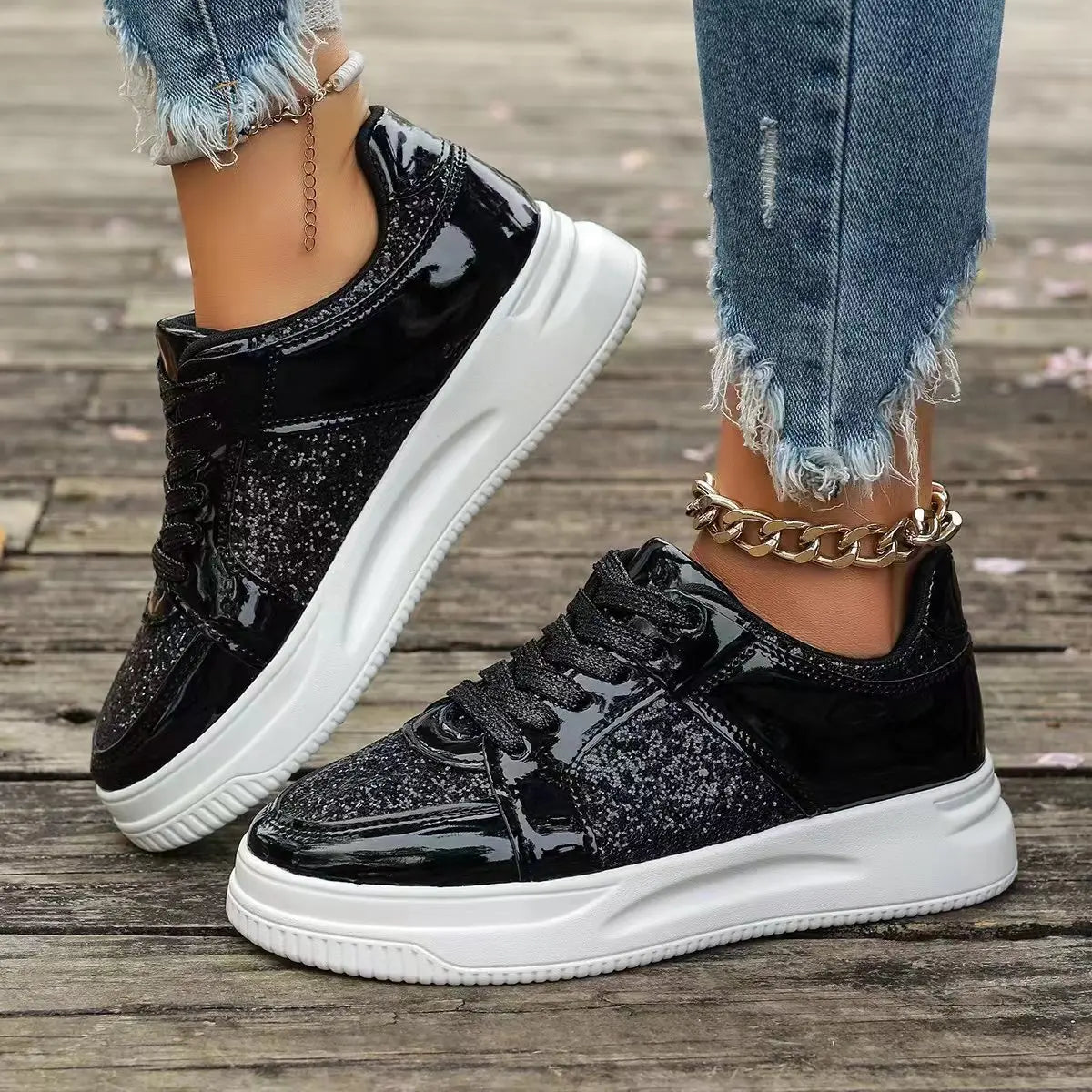 Gold Sequins Platform Sneakers Fashion Casual Sports Shoes
