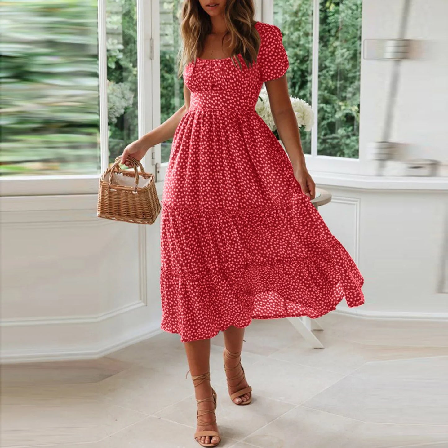 Sexy Square Collar Short Puff Sleeve Chiffon Floral Print Boho Party Dress Summer Women Beachwear Sand Vestidos