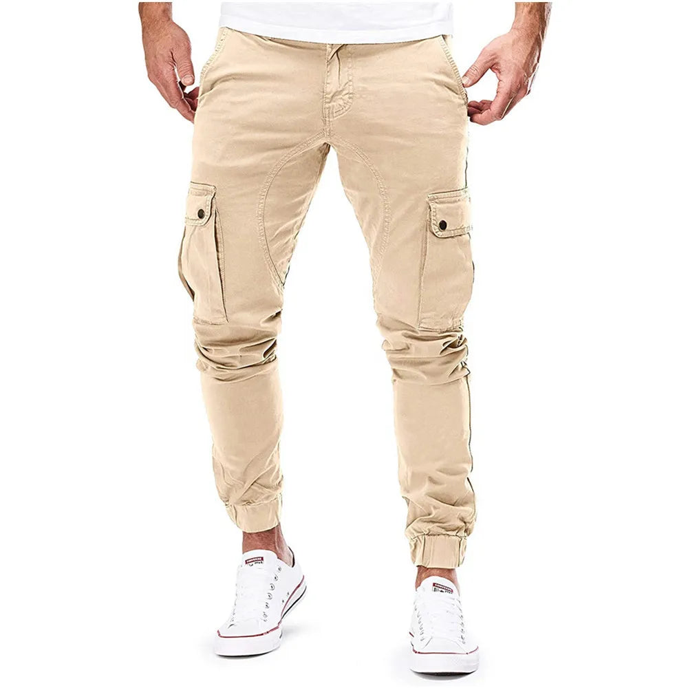 Street Elastic Jeans Men Denim Cargo Pants Wash Solid Color Multi Pockets Casual Mid Waist Trousers Slim Fit Daily Wear Joggers
