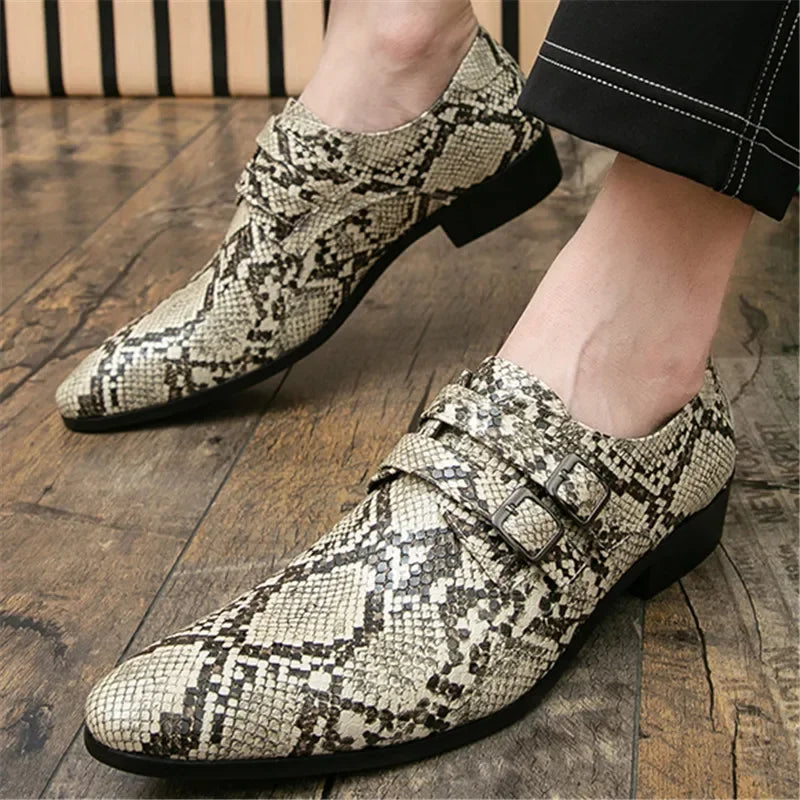 2025 Britain Gentleman Pointed Snakeskin Pattern Casual Shoes For Men Monk Strap Loafers Formal Wedding Dress Footwear
